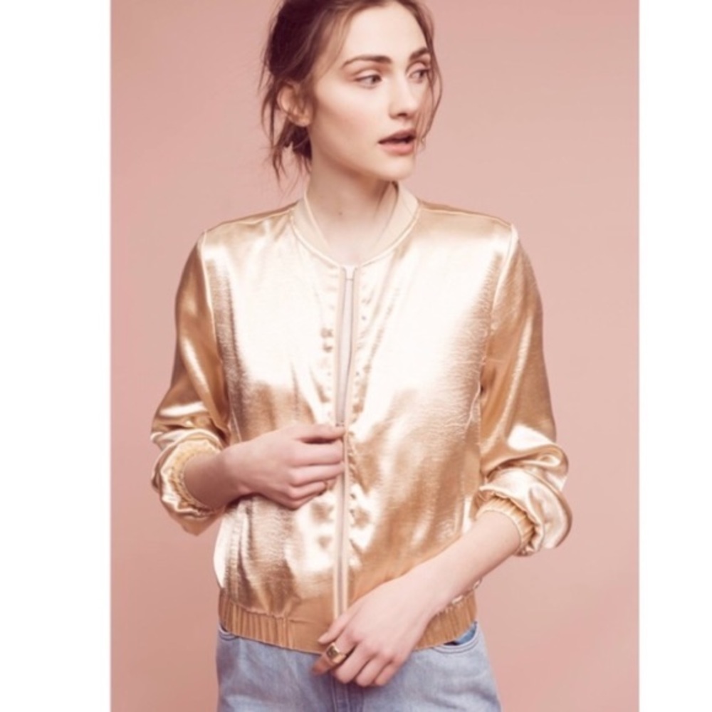 Anthropologie JOA gold satin bomber jacket.